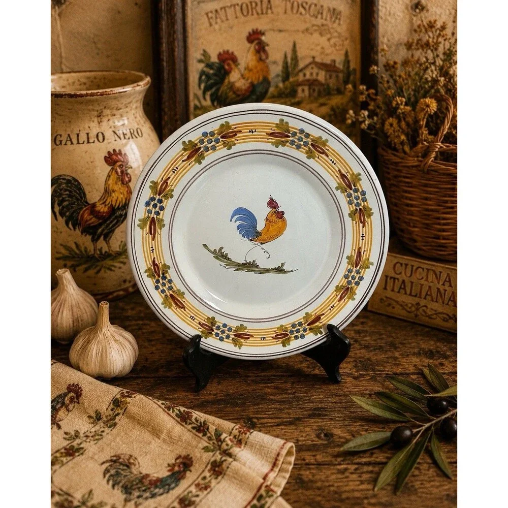 Vintage Italian Hand Painted Rooster Plate Maiolica Tuscan Decor 7.75”Signed